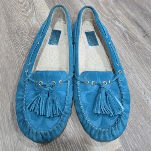 Coach Teal Suede Tassel Moccasin Slippers